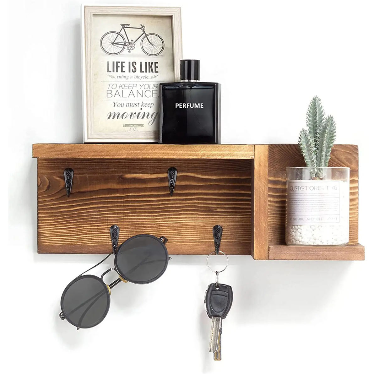 KeyDock Shelf by Hiwood – Wooden Wall Organizer with Key Hooks & Mail Holder