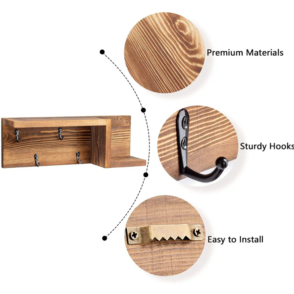 KeyDock Shelf by Hiwood – Wooden Wall Organizer with Key Hooks & Mail Holder
